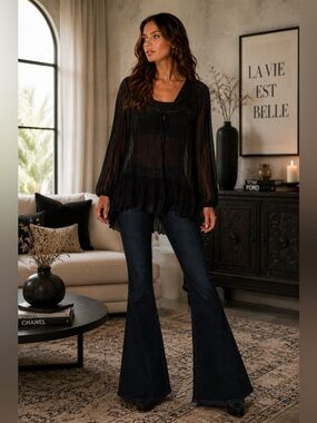 Free People Noir Silk Chiffon Tunic Blouse | Sheer Ruffle Hem Boho Luxe Top